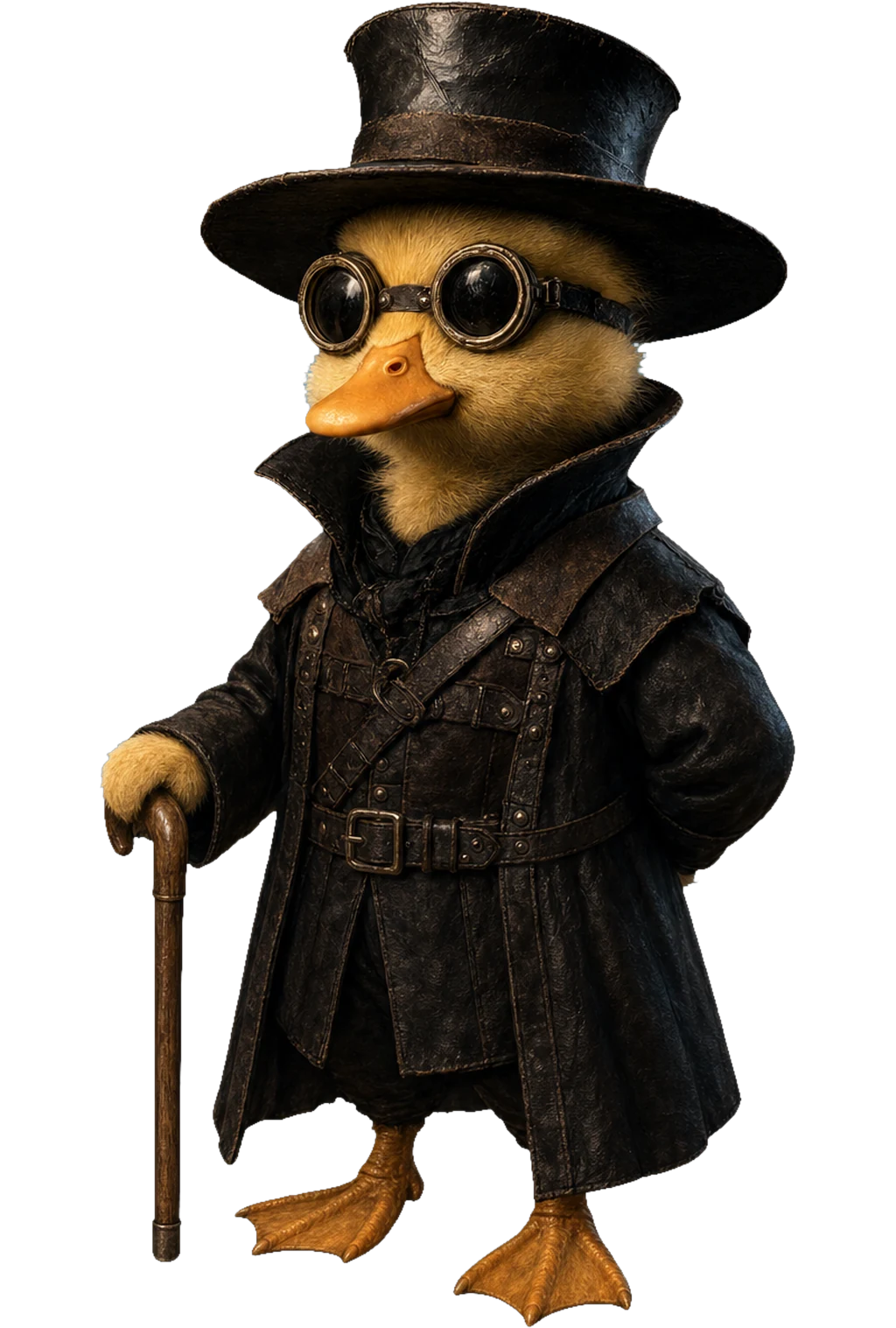 Quack Doctor, a fluffy yellow duckling in a black wide-brimmed hat, brass goggles and a long leather coat, standing on the red cover with his cane