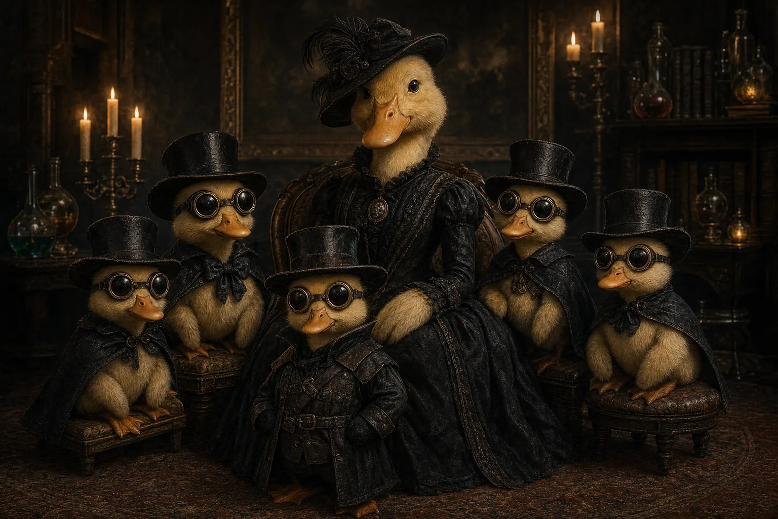 A formal family portrait in a candle-lit study: a mother duck surrounded by ducklings in tiny black hats and goggles, Quack Doctor standing in front