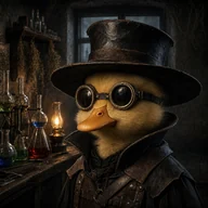 Quack Doctor logo: the duckling in a black hat and brass goggles