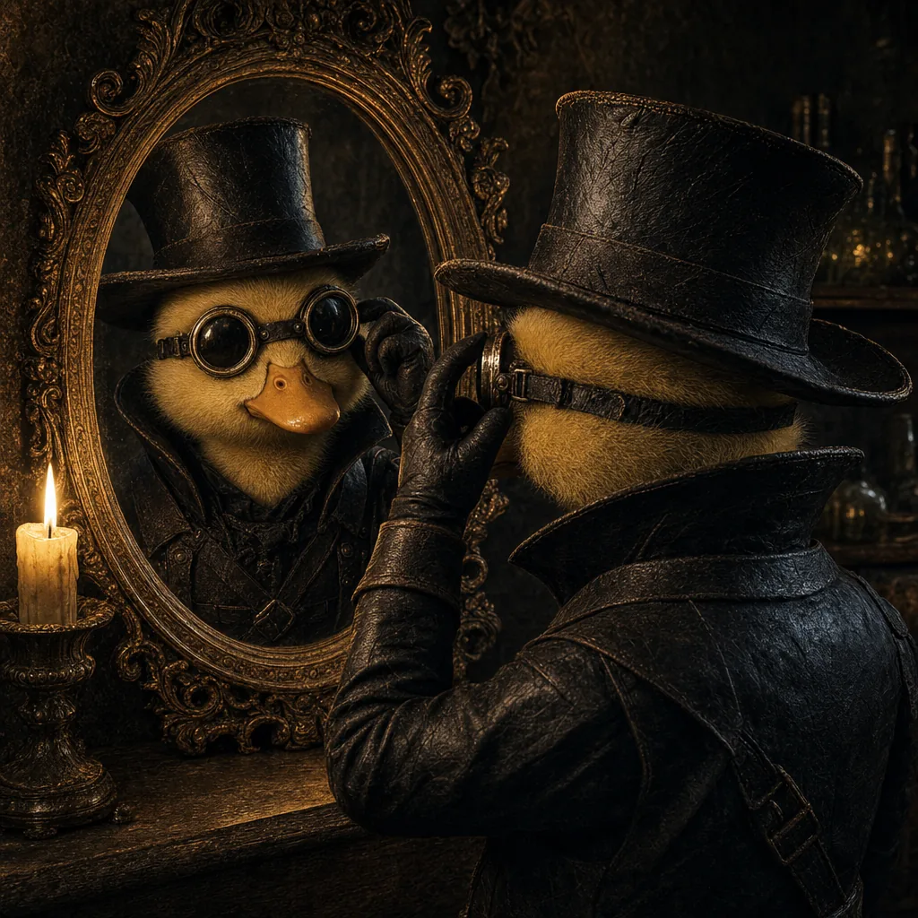 Quack Doctor adjusting his brass goggles in front of an old gilded mirror by candlelight