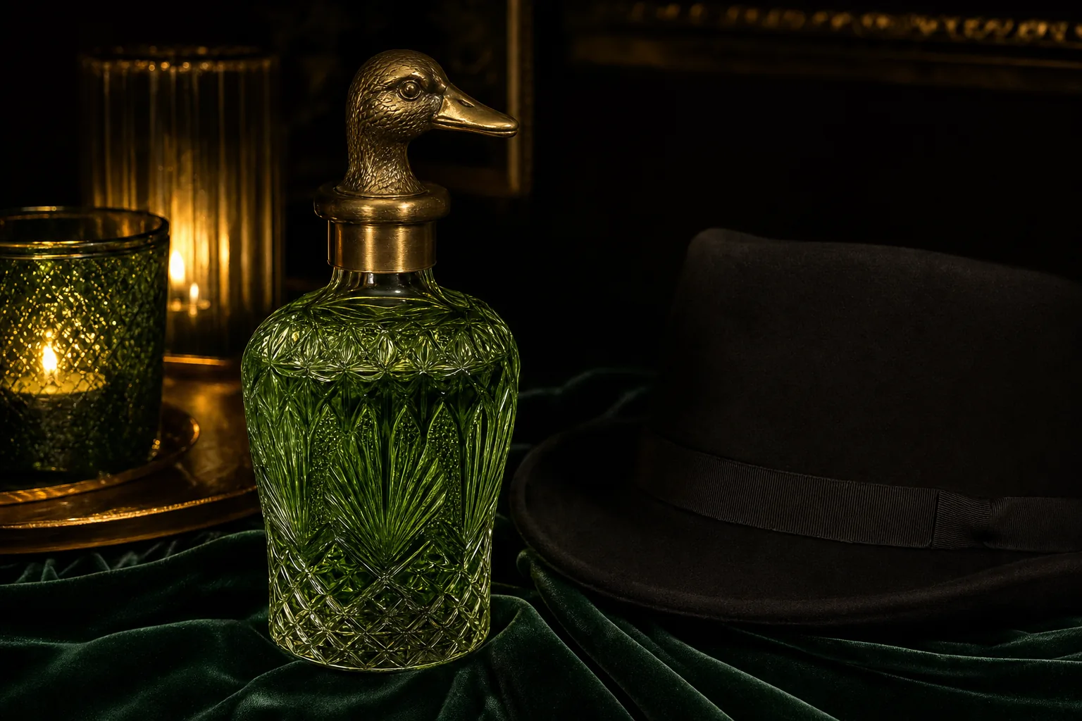 Advertisement: a cut-glass bottle of glowing green tonic with a duck-head stopper on green velvet, beside a small black hat
