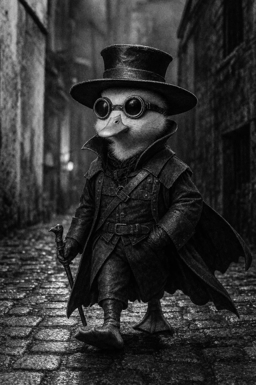 Black-and-white photograph of Quack Doctor striding toward the camera on cobblestones, coat flapping, cane in one wing
